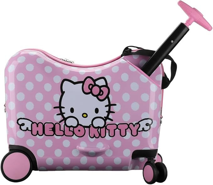 Pink polka-dot Hello Kitty kids ride-on suitcase with trolley handle and wheels