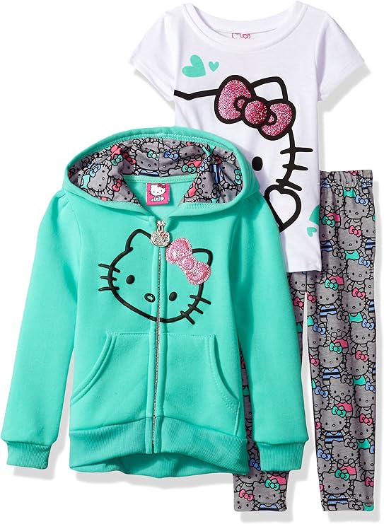 Hello Kitty girls 3-piece outfit in mint: zip hoodie, white graphic tee, and printed leggings