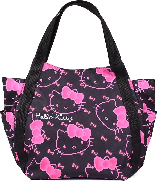 Black Hello Kitty tote bag with pink bow pattern and side pockets