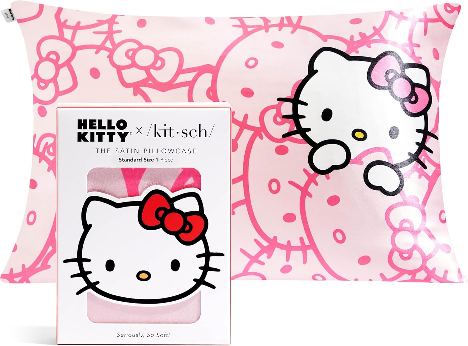 Hello Kitty x Kitsch pink satin pillowcase with hidden zipper — gentle on hair and skin